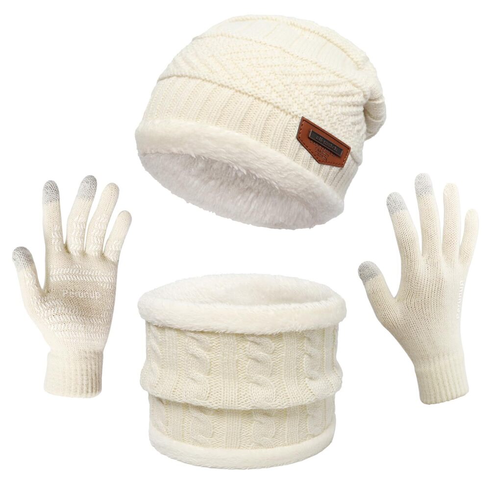 2961 Winter Knit Beanie Hat Neck Warmer Scarf and Touch Screen Gloves Set 3